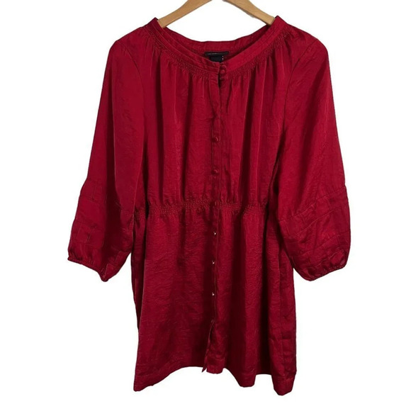 Lane Bryant Red Satin Blouse Size 14 16 Button Up Seersucker Waist 3/4 Sleeves - Picture 1 of 6